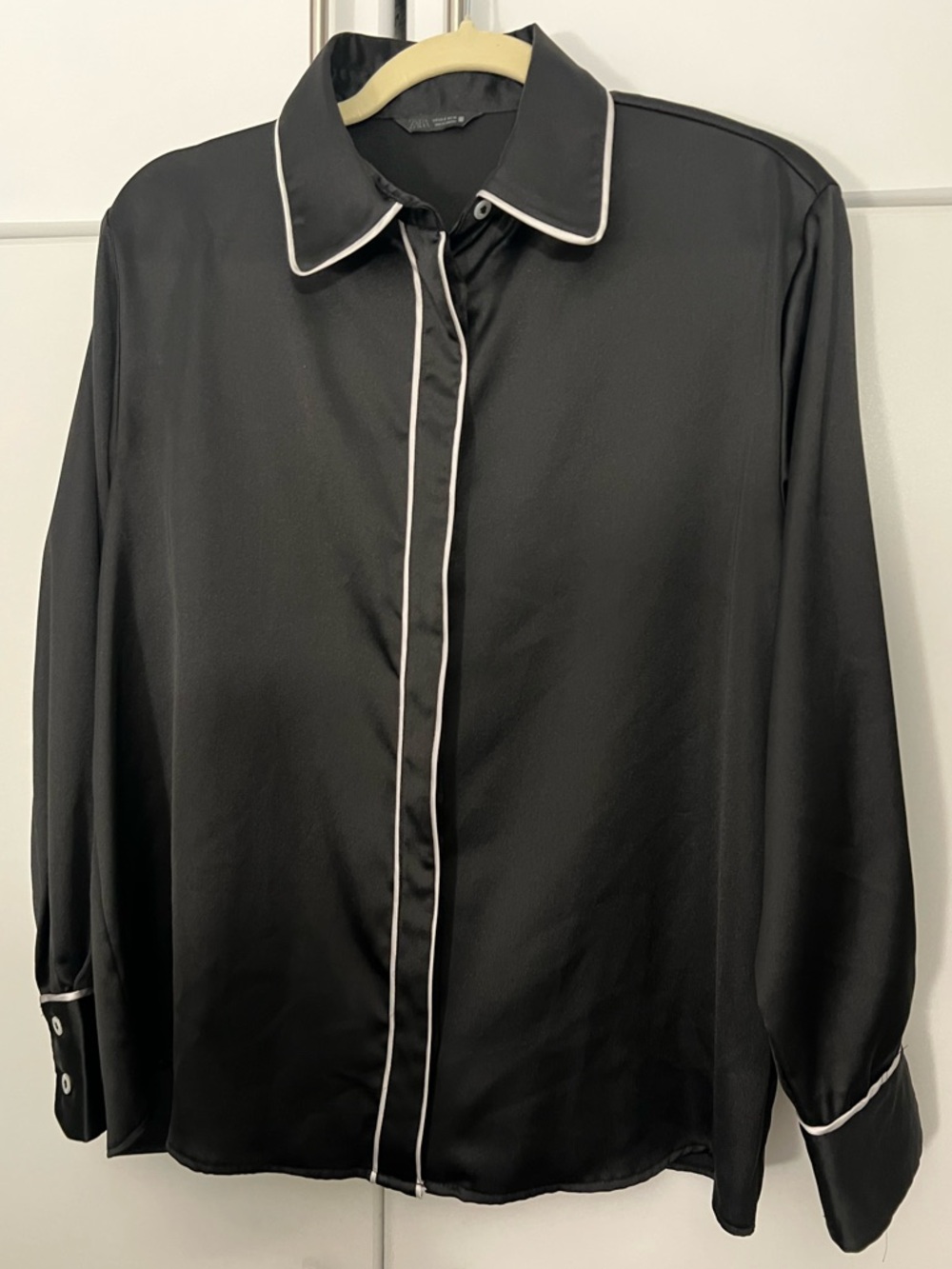 Zara contrast trim satin button up blouse